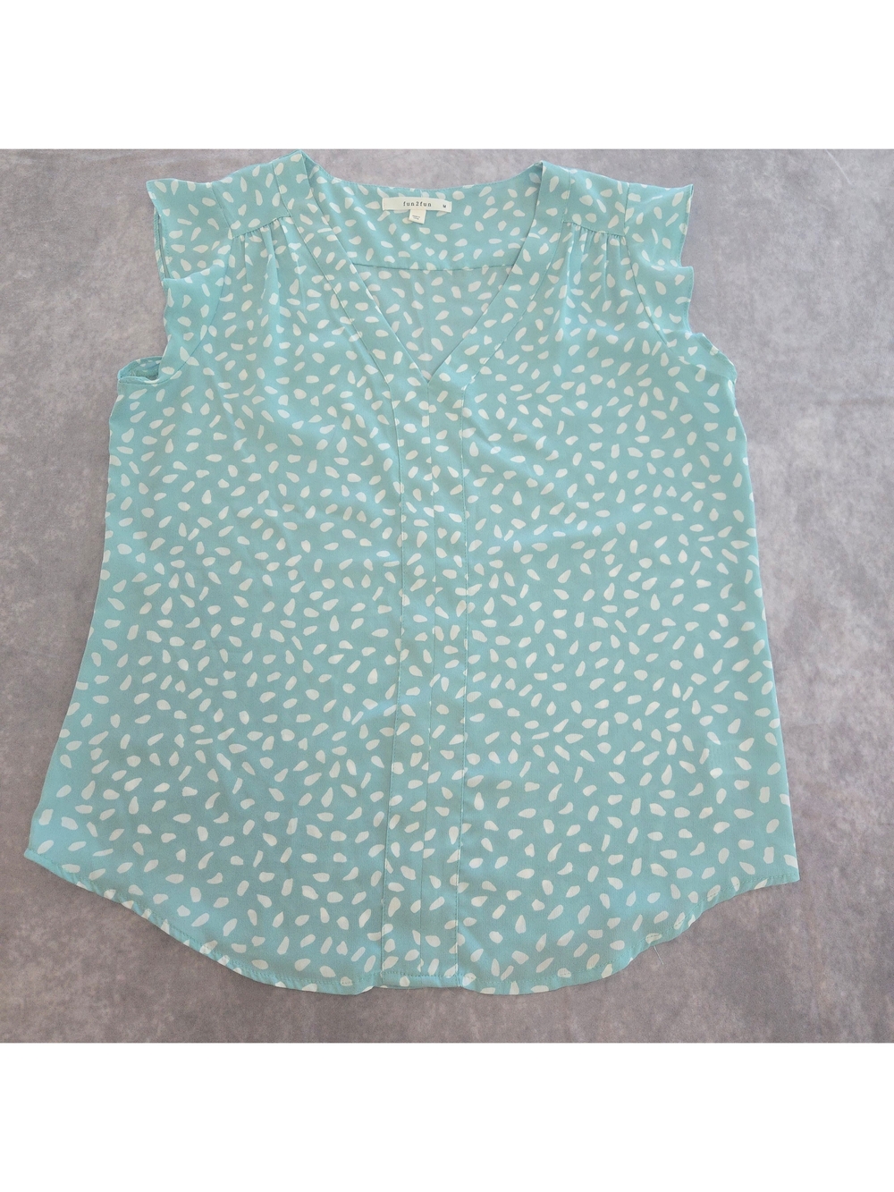 Fun 2 Fun Aqua White Print Flutter Sleeve V-Neck Blouse Top Women's Medium
